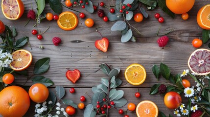 Poster - Valentine s Day setting with love themed items including hearts flowers berries and oranges on wooden parquet