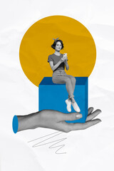 Poster - artwork collage poster of cute pretty nice woman chatting modern gadget sending sms isolated on draw