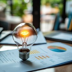 Poster - A glowing light bulb on top of business documents, symbolizing smart ideas driving business growth.