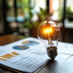 Poster - A glowing light bulb on top of business documents, symbolizing smart ideas driving business growth.