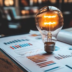 Poster - A glowing light bulb on top of business documents, symbolizing smart ideas driving business growth.