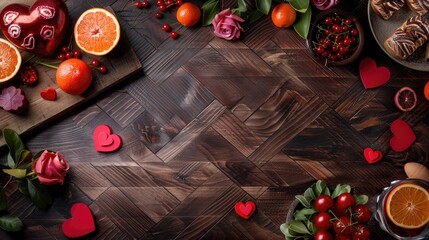 Poster - Valentine s Day setting with love themed items including hearts flowers berries and oranges on wooden parquet