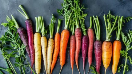 Poster - Variety of colorful organic rainbow carrots with foliage