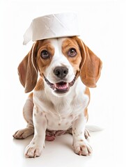 A cute and happy Beagle with a playful smile, looking directly at the camera with a roll of toilet paper balanced on its head.