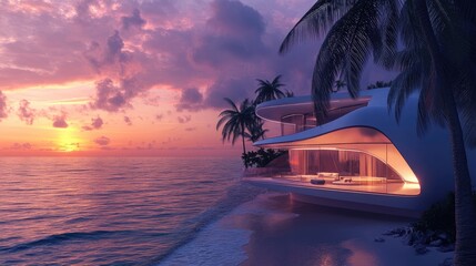 Poster - A luxurious futuristic beachfront villa with expansive glass windows, providing stunning sunset views over the ocean in a serene setting