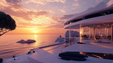 Poster - A luxurious futuristic beachfront villa with panoramic windows, offering breathtaking ocean views at sunset in a serene, modern setting