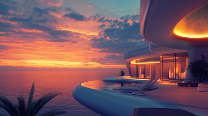 Poster - A luxurious futuristic beachfront villa with panoramic windows, offering breathtaking ocean views at sunset in a serene, modern setting