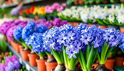 Vibrant blue violet hyacinths in pots decorate a charming floral store