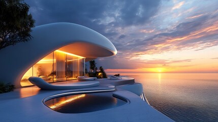 Poster - A modern futuristic beachfront villa with expansive windows overlooking the ocean, creating breathtaking sunset views for a luxurious atmosphere