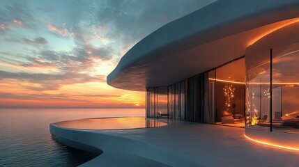 Poster - A modern futuristic beachfront villa with expansive windows overlooking the ocean, creating breathtaking sunset views for a luxurious atmosphere