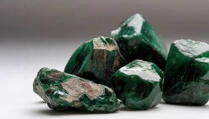 Emerald is a gemstone and a variety of the mineral beryl colored green by trace amounts of chromium or sometimes vanadium. Isolated on white background with copy space. Raw mineral