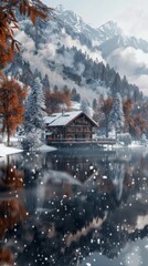 Poster - A cabin is surrounded by snow and trees