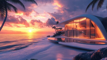 Poster - A modern futuristic beachfront villa with large glass windows, providing stunning ocean views at sunset, blending luxury and serenity