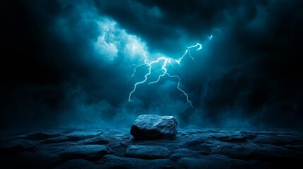 Eerie storm with glowing lightning bolts, barren rocks, a lone stone podium, hyper-detailed, dark and moody atmosphere, cold hues, wide shot, high contrast