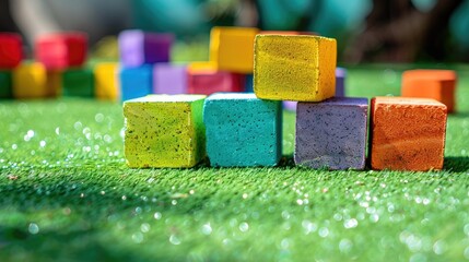 Vibrant Building Bricks on green surface