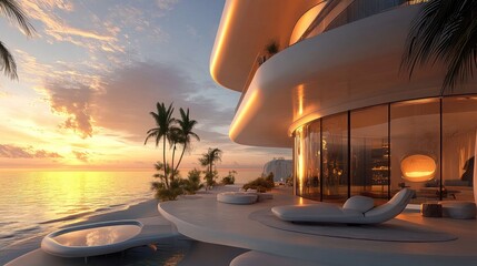 Poster - A stunning futuristic beachfront villa with floor-to-ceiling windows, showcasing breathtaking sunset views over the ocean in a serene setting
