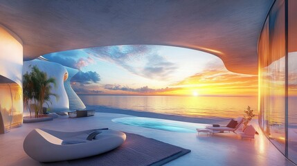 Poster - A stunning futuristic beachfront villa with floor-to-ceiling windows, showcasing breathtaking sunset views over the ocean in a serene setting