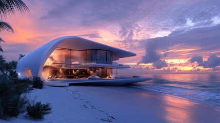 Poster - Beautiful futuristic beachfront villa with expansive windows showcasing breathtaking ocean views at sunset, blending luxury and modern design