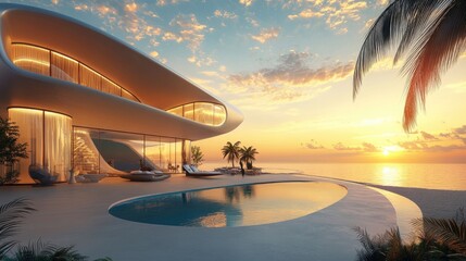 Poster - Beautiful futuristic beachfront villa with expansive windows showcasing breathtaking ocean views at sunset, blending luxury and modern design