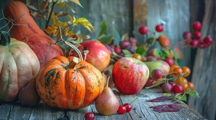 Poster - Variety of raw organic produce on wooden table Fresh garden veggies Fall harvest display with pumpkins apples and pears Copy space