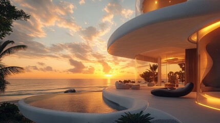 Poster - Beautiful futuristic villa by the beach with expansive windows offering stunning ocean views at sunset, blending luxury and nature