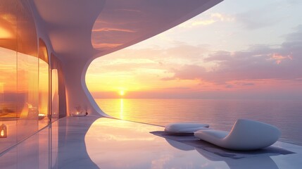 Poster - Beautiful modern beachfront villa with a futuristic design, featuring expansive windows with stunning sunset ocean views