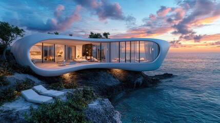 Poster - Breathtaking futuristic beachfront villa with expansive windows showcasing stunning sunset views of the ocean, blending luxury and nature