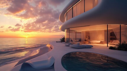 Poster - Stunning futuristic beachfront villa with large glass windows, showcasing breathtaking sunset views over the ocean, creating a serene ambiance