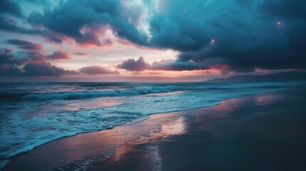 Tranquil beach at dusk with soft waves dark clouds and fading sunlight