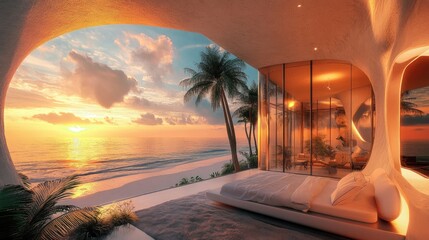 Poster - Stunning futuristic beachfront villa with large windows offering panoramic ocean views, bathed in warm sunset light for a breathtaking scene