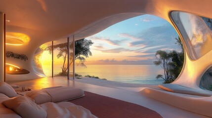 Poster - Stunning futuristic beachfront villa with large windows offering panoramic ocean views, bathed in warm sunset light for a breathtaking scene