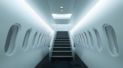Airplane Interior with Stairway and Multiple Windows