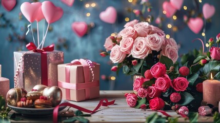 Wall Mural - Valentine s Day theme with pink roses gifts and romantic decor