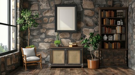 Poster - Grey room with stone wall cabinet book frame and picture