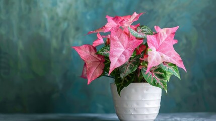 Poster - Tropical Pink Syngonium Plant with Dewy Leaves in White Pot
