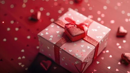 Poster - Valentine s Day themed pink gift box with hearts on red backdrop