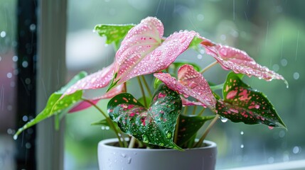 Poster - Tropical Pink Syngonium Plant with Dewy Leaves in White Pot