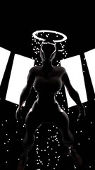 Poster - Abstract visualization of a video fight game with a player ready for the combat. Design. Silhouette of a muscular fighter with a halo, a garland behind him, and flying sparkles.