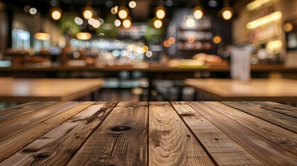 Empty brown wooden table with blurred background in coffee and bakery shop concept