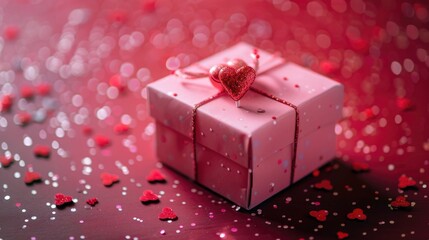 Poster - Valentine s Day themed pink gift box with hearts on red backdrop