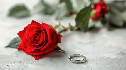 Poster - Valentine s Day Romantic Rose and Couple Ring on White Background