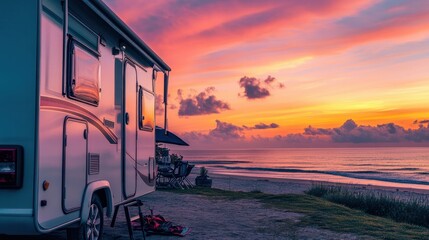 A travel trailer parked at a beach campground, with a colorful sunset in the background