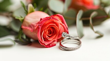 Poster - Valentine s Day Romantic Rose and Couple Ring on White Background