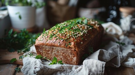 Freshly baked buckwheat bread on a table with green seeds for vegan baking