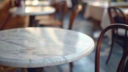 Poster - White marble table in a blurry cafe or restaurant interior