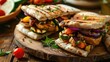 © -Quantum Pixels- - Healthy lunch option Grilled vegetable sandwich on pita bread served on wooden surface Choose shashlik or shish kebab