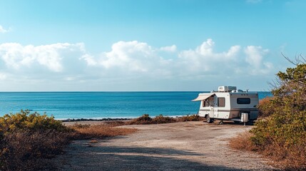 A travel trailer parked in a secluded beach area, with the ocean in the background