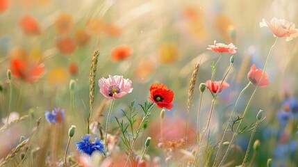 Summer field blooms with colorful wildflowers