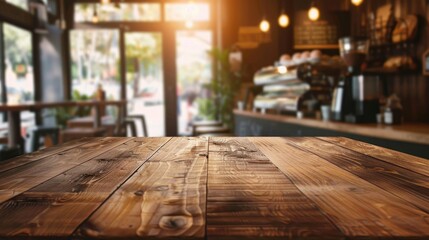 Poster - Empty brown wooden table with blurred background in coffee and bakery shop concept