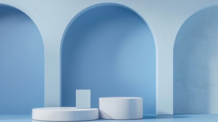 Poster - cylindrical product display podiums on a blue geometric background